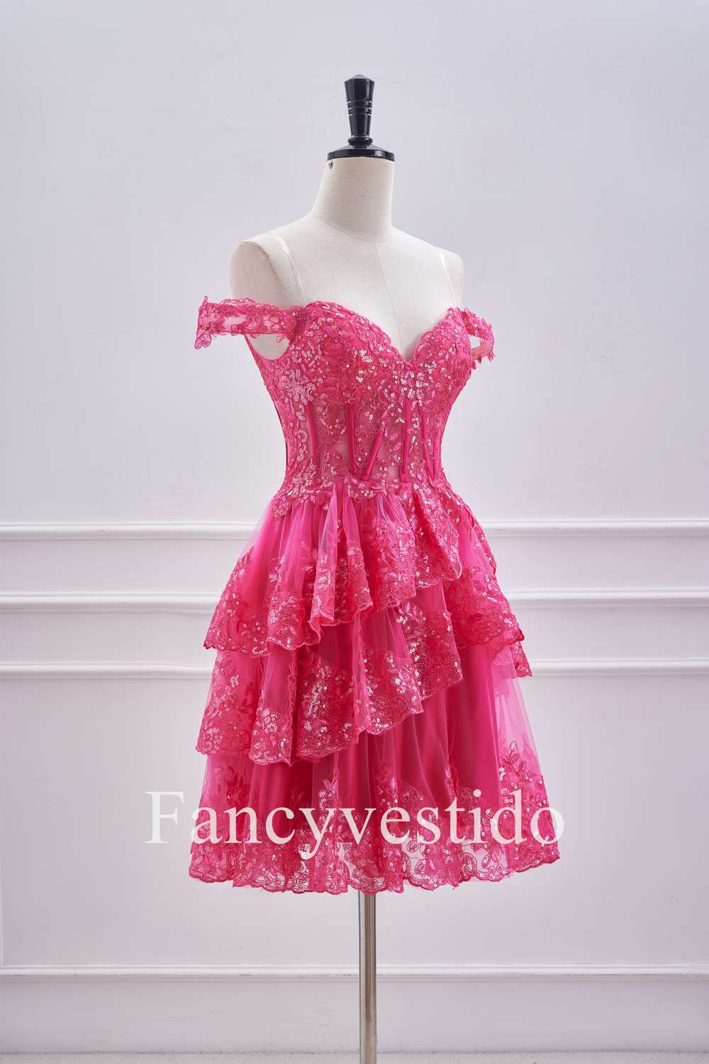 Off the Shoulder Fuchsia Corset Tiered A-Line Short Homecoming Dress