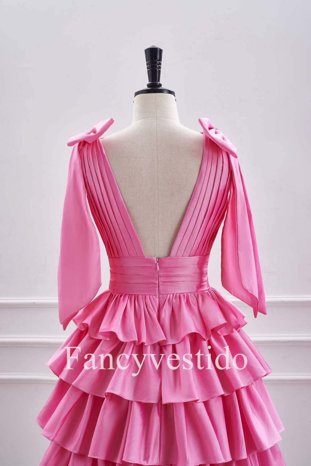 Plunging Hot Pink Bow Sleeves Ruffle A-Line Short Homecoming Dress