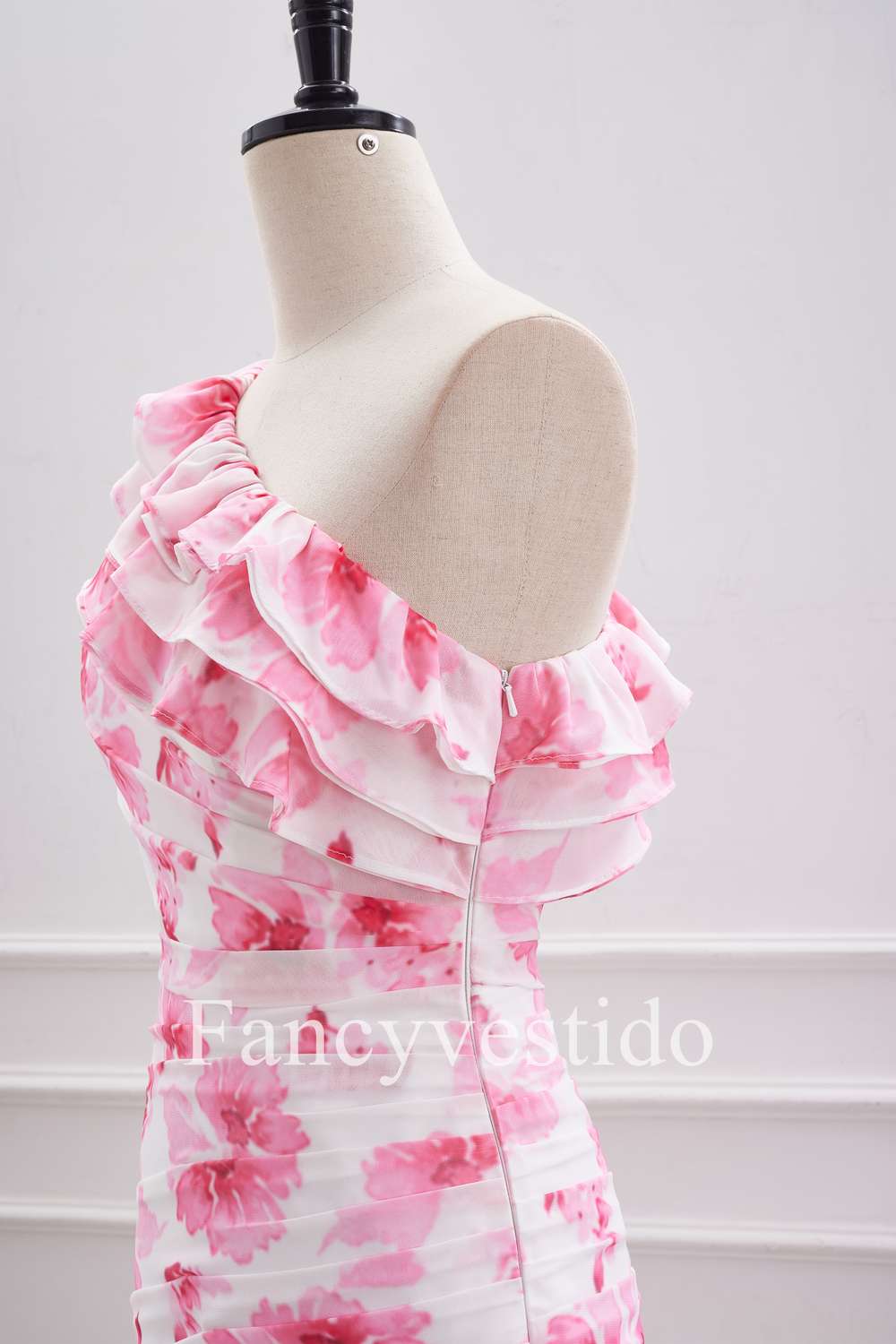 Cute Ruffled One-Shoulder Pink Floral Print Mini Homecoming Dress