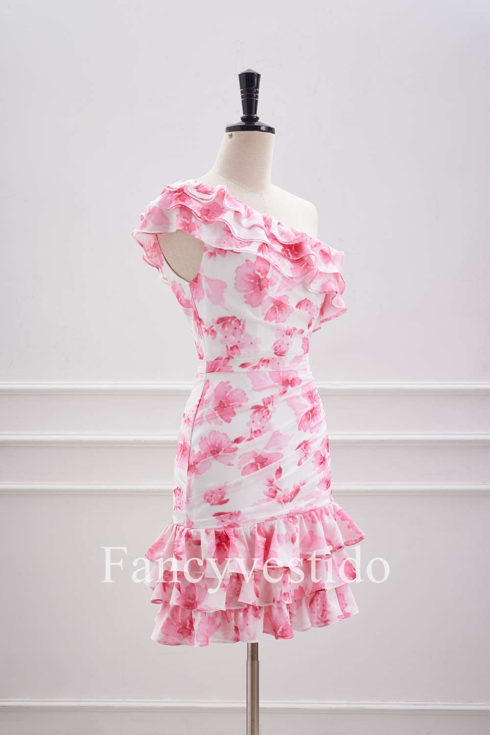 Cute Ruffled One-Shoulder Pink Floral Print Mini Homecoming Dress