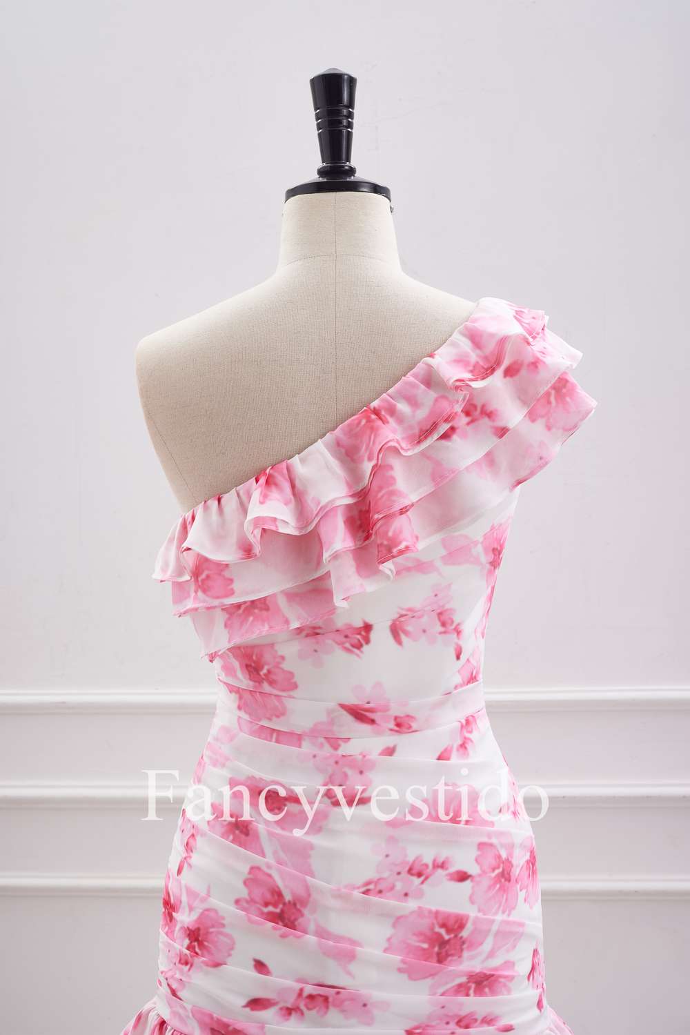 Cute Ruffled One-Shoulder Pink Floral Print Mini Homecoming Dress