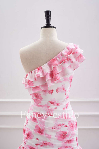 Cute Ruffled One-Shoulder Pink Floral Print Mini Homecoming Dress