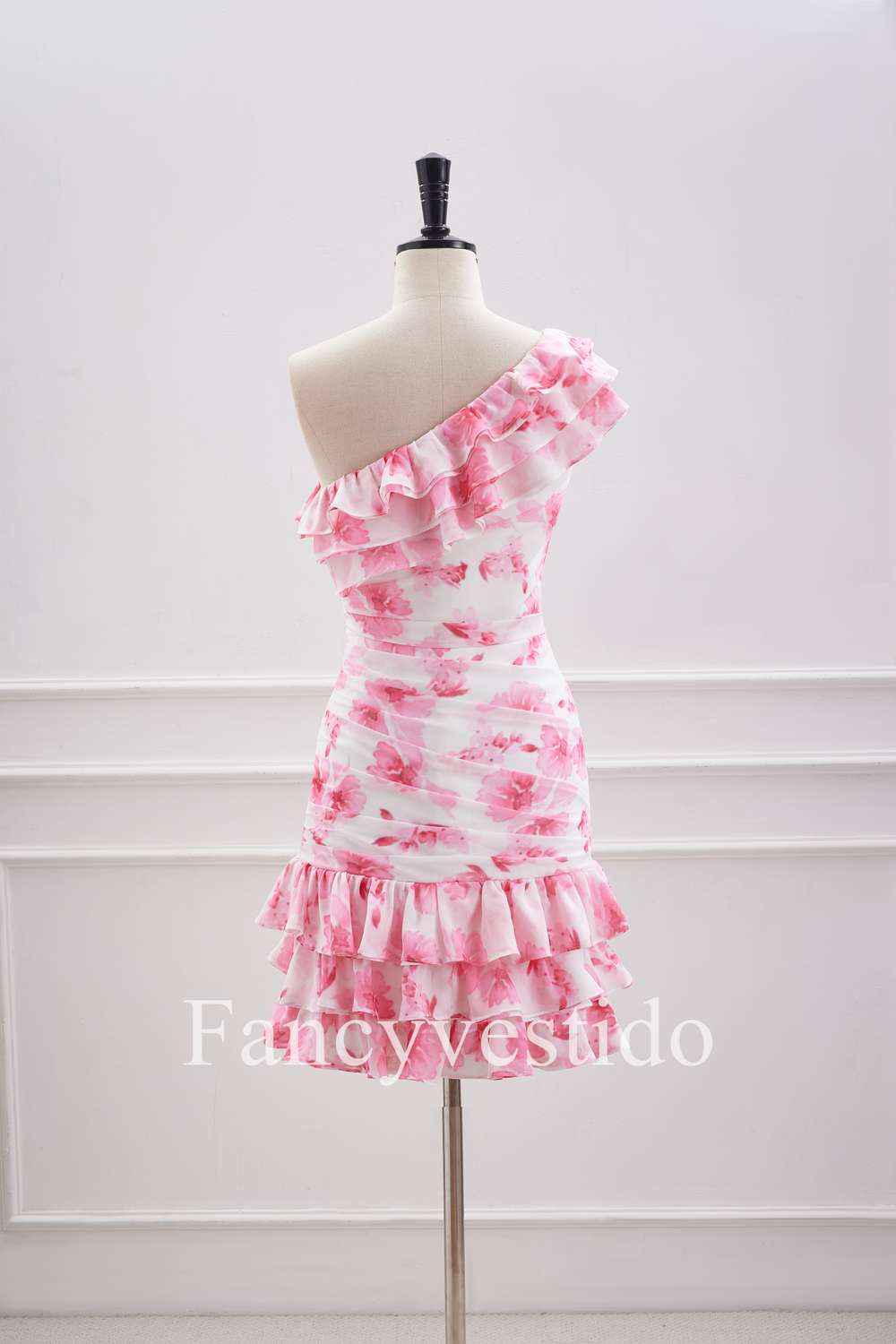 Cute Ruffled One-Shoulder Pink Floral Print Mini Homecoming Dress