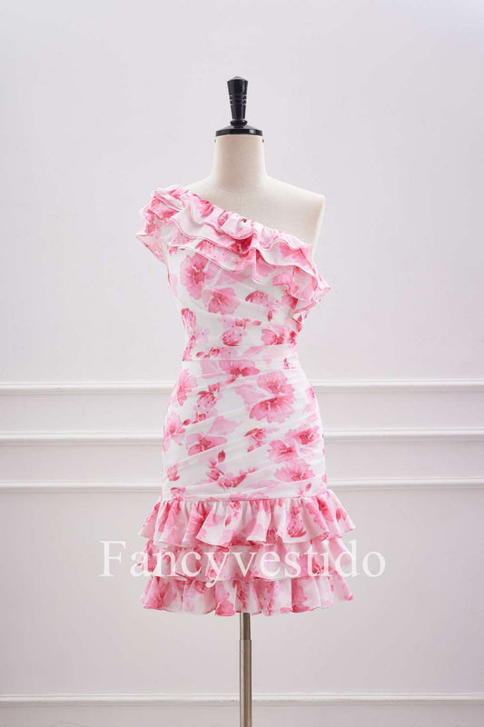 Cute Ruffled One-Shoulder Pink Floral Print Mini Homecoming Dress