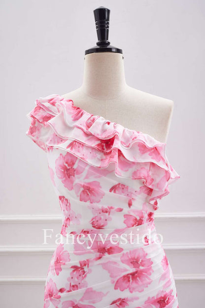 Cute Ruffled One-Shoulder Pink Floral Print Mini Homecoming Dress