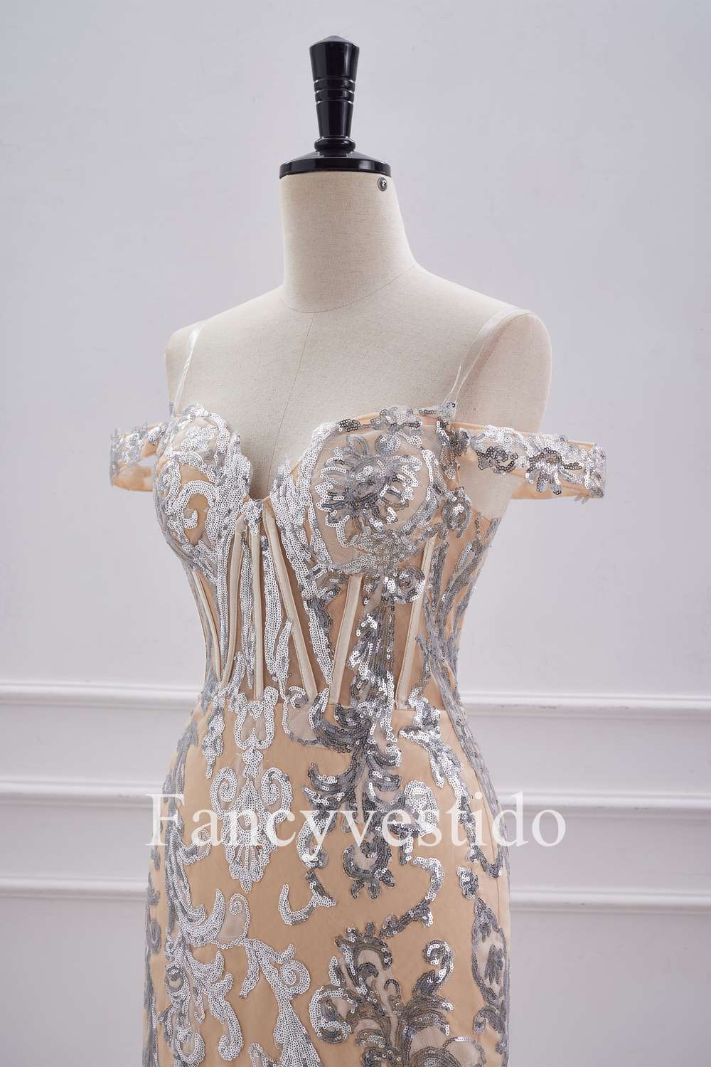 Off the Shoulder Nude Corset Tight Homecoming Dress with Silver Sequin