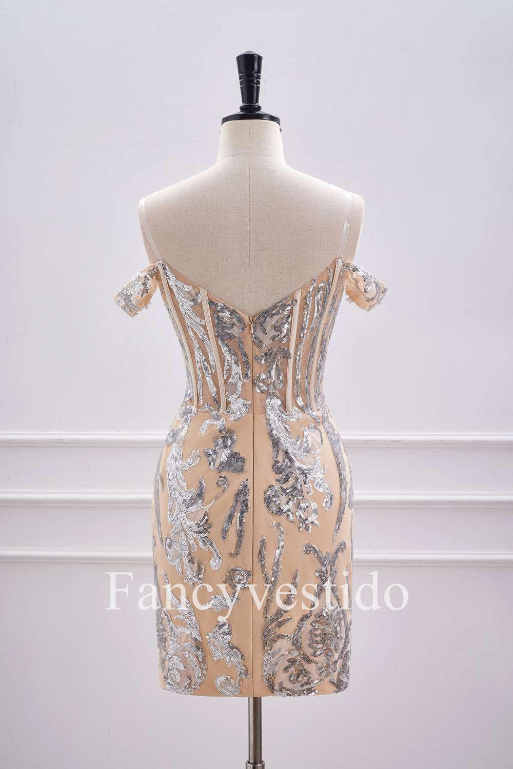 Off the Shoulder Nude Corset Tight Homecoming Dress with Silver Sequin
