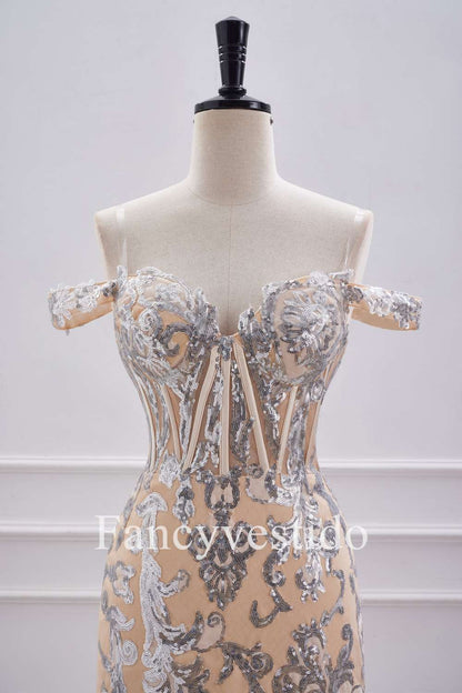 Off the Shoulder Nude Corset Tight Homecoming Dress with Silver Sequin