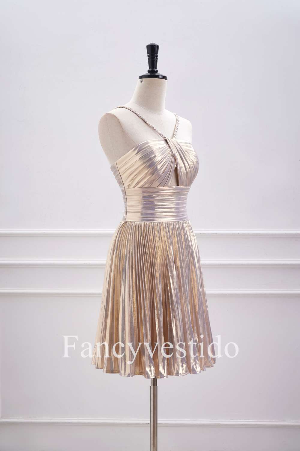 Halter Champagne Metallic Keyhole Pleated A-Line Cocktail Dress