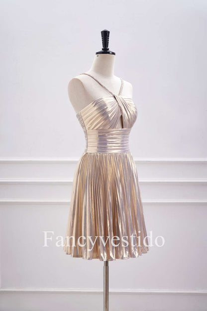 Halter Champagne Metallic Keyhole Pleated A-Line Cocktail Dress
