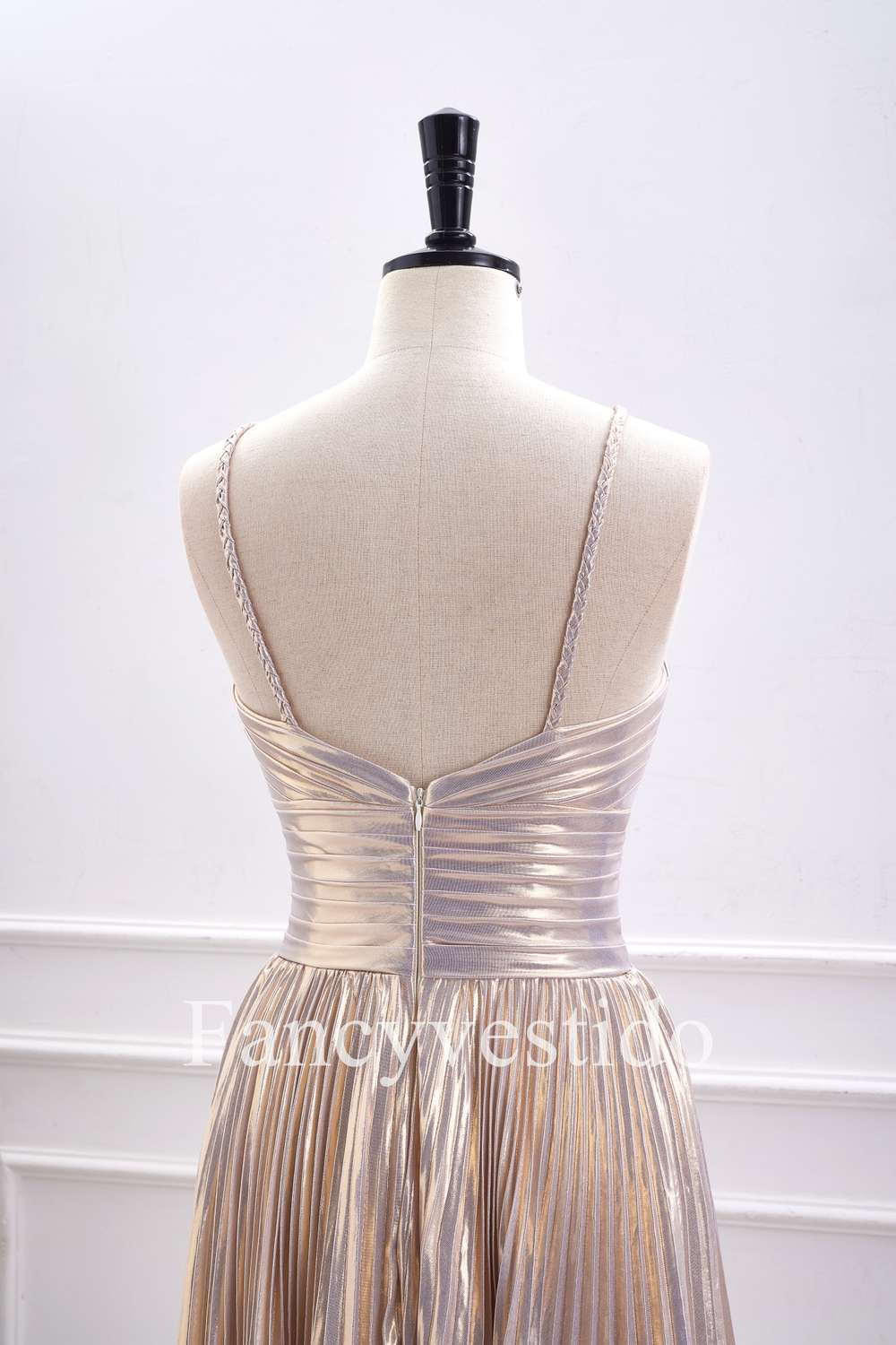 Halter Champagne Metallic Keyhole Pleated A-Line Cocktail Dress
