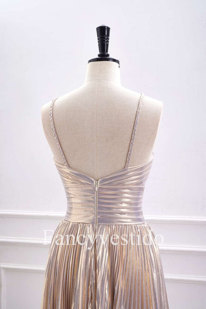 Halter Champagne Metallic Keyhole Pleated A-Line Cocktail Dress