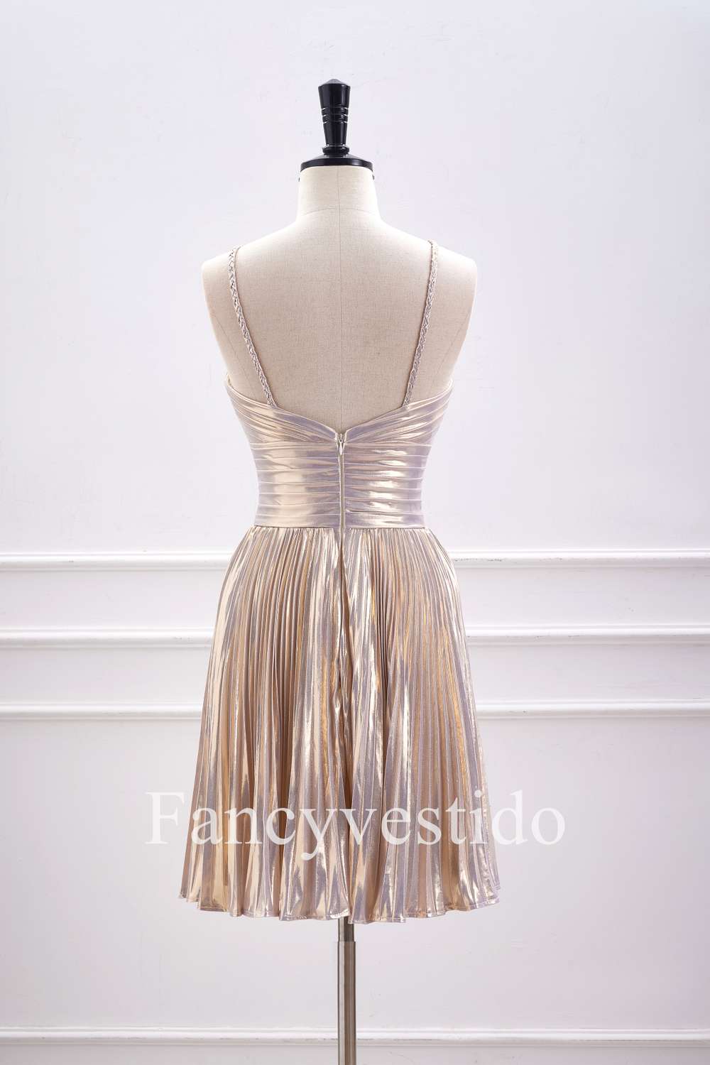 Halter Champagne Metallic Keyhole Pleated A-Line Cocktail Dress