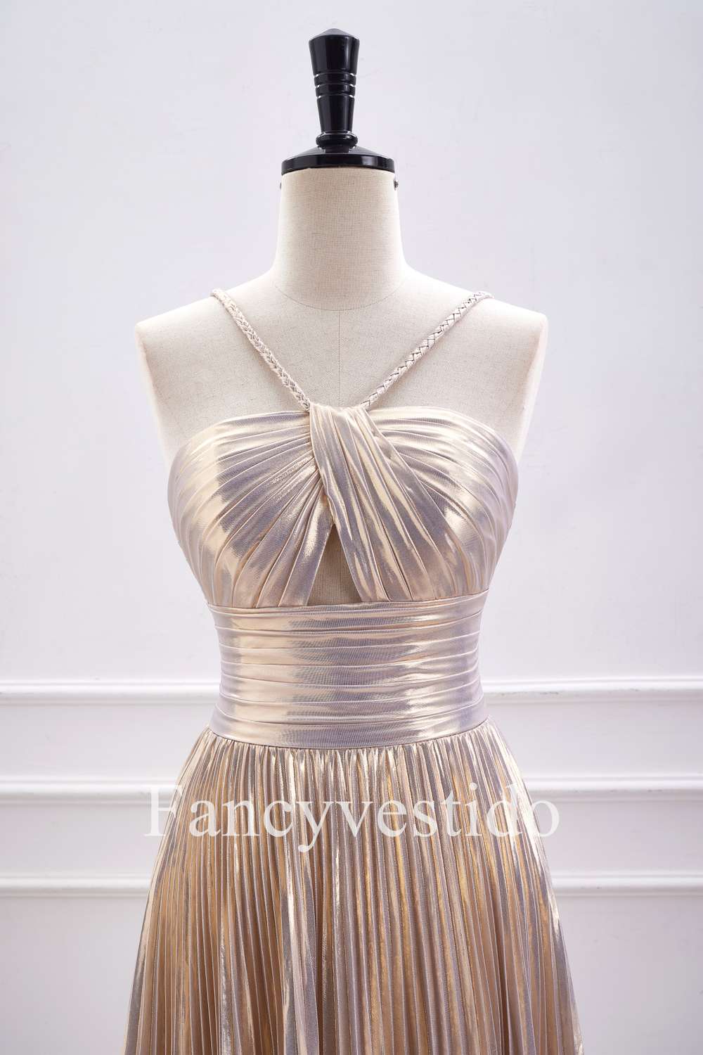 Halter Champagne Metallic Keyhole Pleated A-Line Cocktail Dress