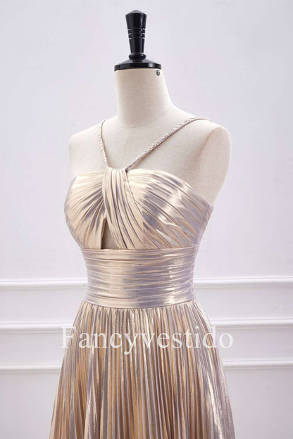Halter Champagne Metallic Keyhole Pleated A-Line Cocktail Dress
