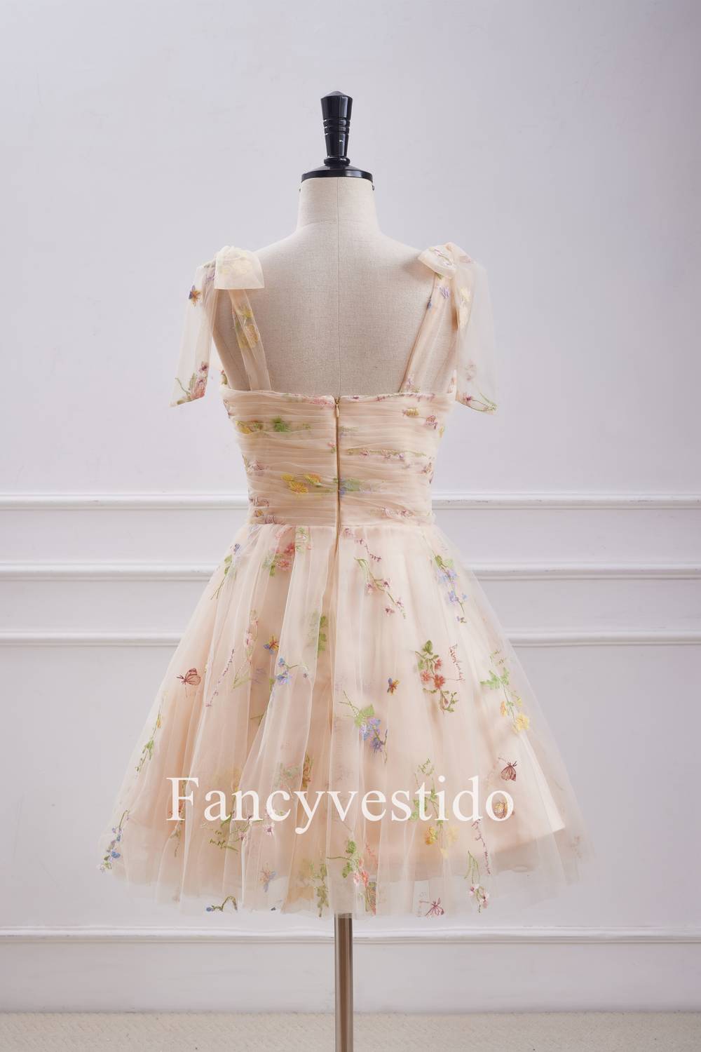 Bow Tie Straps Champagne Embroidery Short Homecoming Dress
