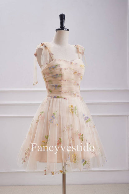 Bow Tie Straps Champagne Embroidery Short Homecoming Dress