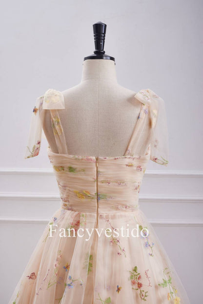 Bow Tie Straps Champagne Embroidery Short Homecoming Dress