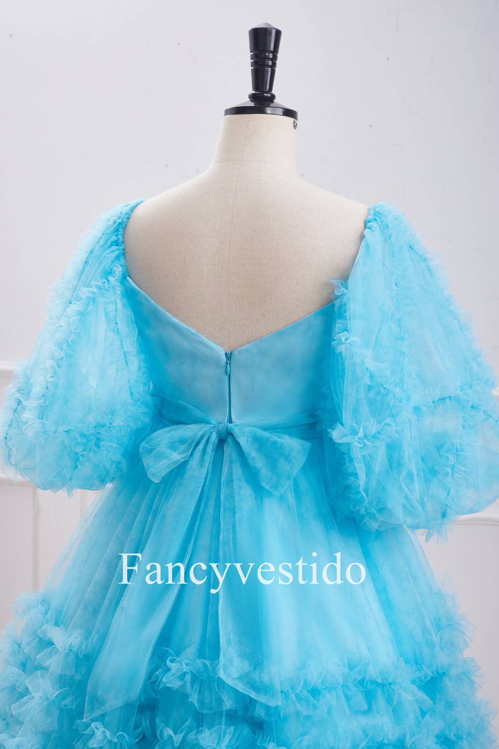 Blue Balloon Sleeves Ruffles Babydoll Homecoming Dress with Bow