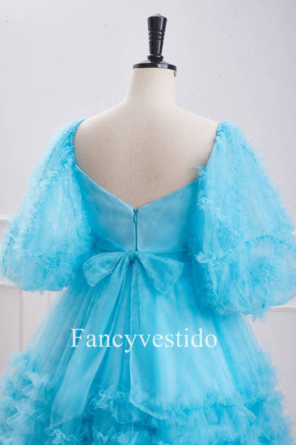 Blue Balloon Sleeves Ruffles Babydoll Homecoming Dress with Bow