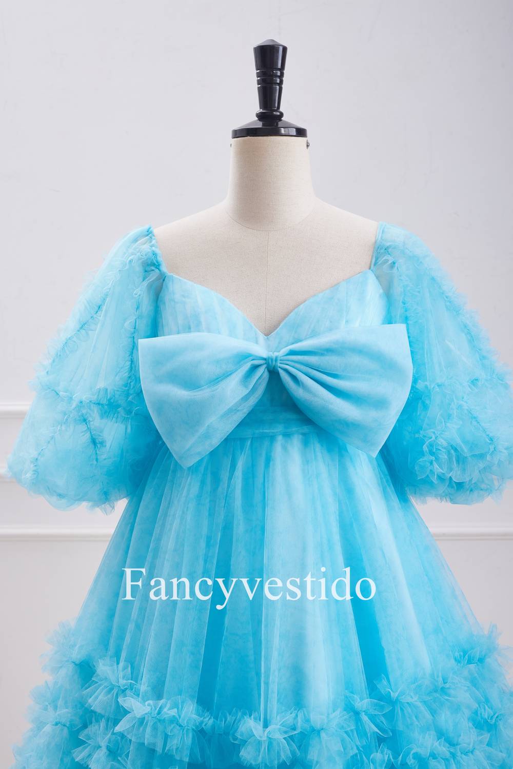 Blue Balloon Sleeves Ruffles Babydoll Homecoming Dress with Bow