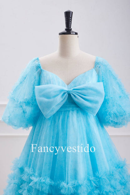 Blue Balloon Sleeves Ruffles Babydoll Homecoming Dress with Bow