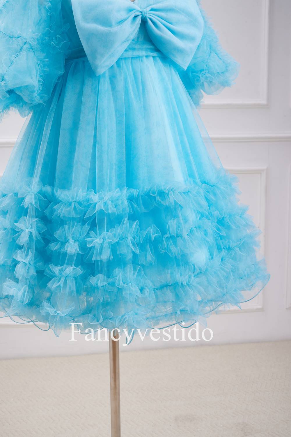 Blue Balloon Sleeves Ruffles Babydoll Homecoming Dress with Bow