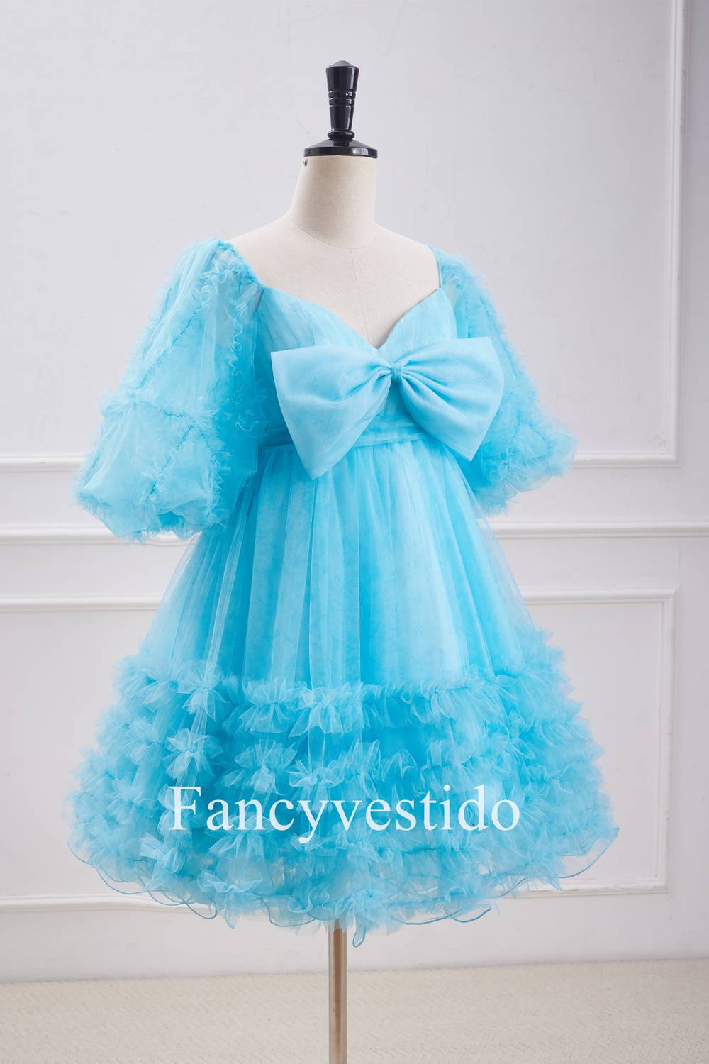 Blue Balloon Sleeves Ruffles Babydoll Homecoming Dress with Bow