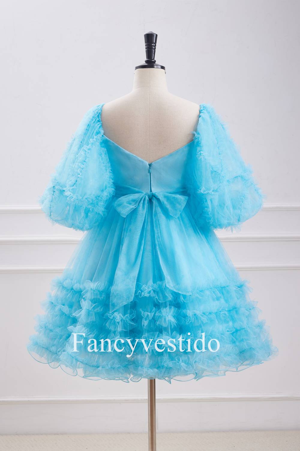 Blue Balloon Sleeves Ruffles Babydoll Homecoming Dress with Bow