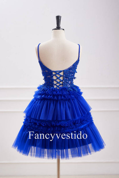 Plunging Neck Royal Blue Beaded Ruffle Tulle Homecoming Dress