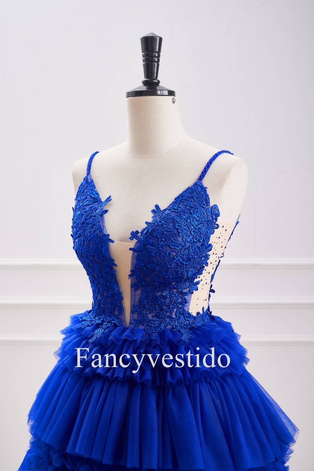 Plunging Neck Royal Blue Beaded Ruffle Tulle Homecoming Dress