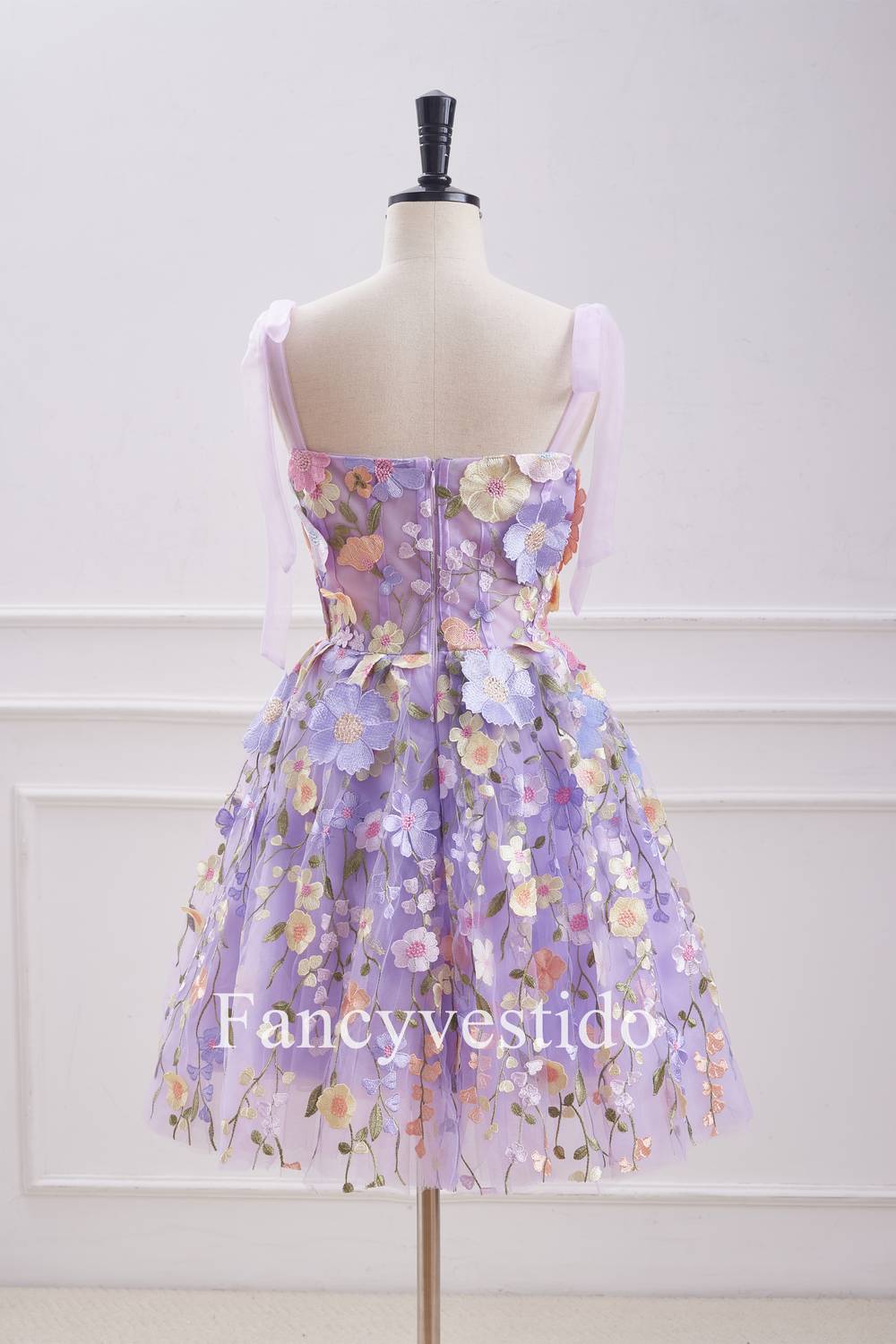 Lavender Floral Lace Up 3D Flowers Back Zip Party Dress