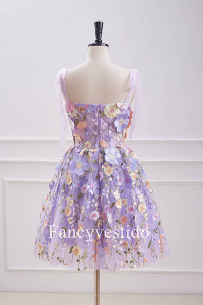 Lavender Floral Lace Up 3D Flowers Back Zip Party Dress