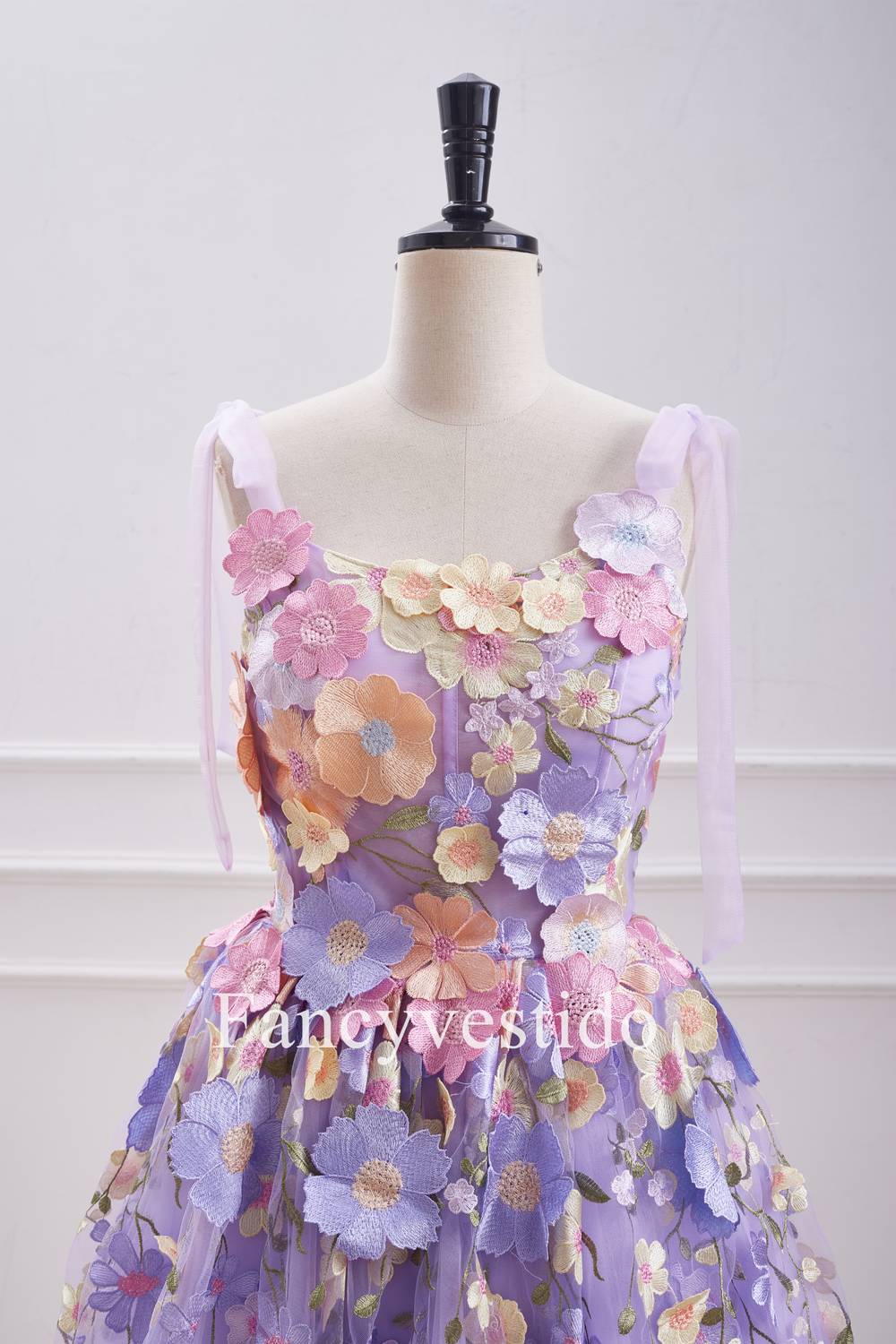 Lavender Floral Lace Up 3D Flowers Back Zip Party Dress