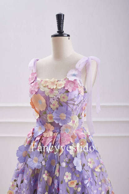 Lavender Floral Lace Up 3D Flowers Back Zip Party Dress
