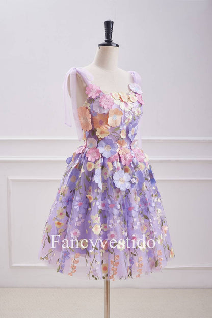 Lavender Floral Lace Up 3D Flowers Back Zip Party Dress