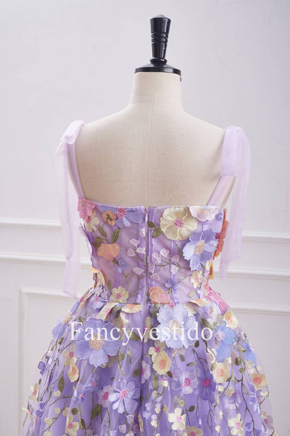 Lavender Floral Lace Up 3D Flowers Back Zip Party Dress