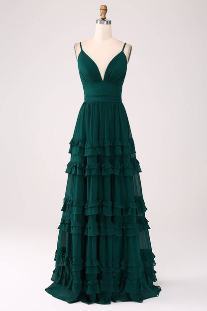 Plunging Neck Hunter Green A-Line Ruffle Maxi Dress