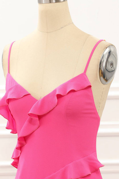 V-Neck Straps Hot Pink Ruffle Maxi Dress with Slit