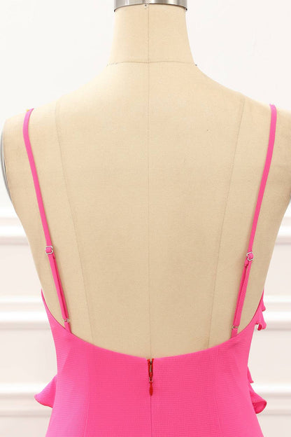 V-Neck Straps Hot Pink Ruffle Maxi Dress with Slit
