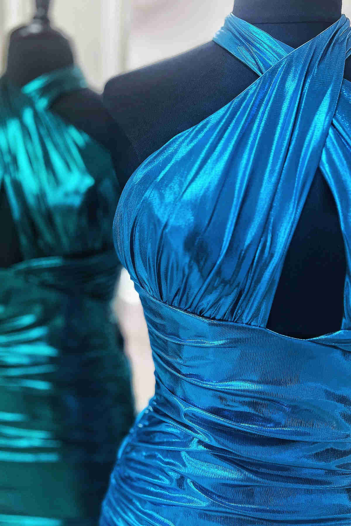Halter Metallic Green Keyhole Pleated Mini Dress
