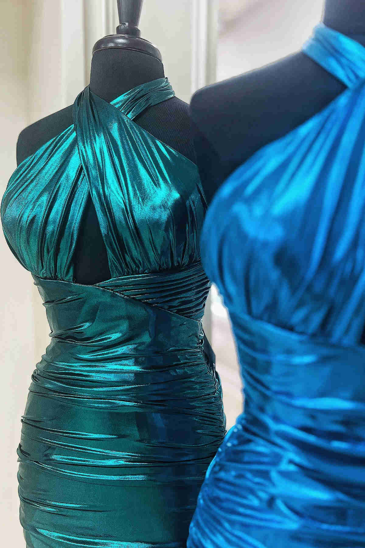 Halter Metallic Green Keyhole Pleated Mini Dress