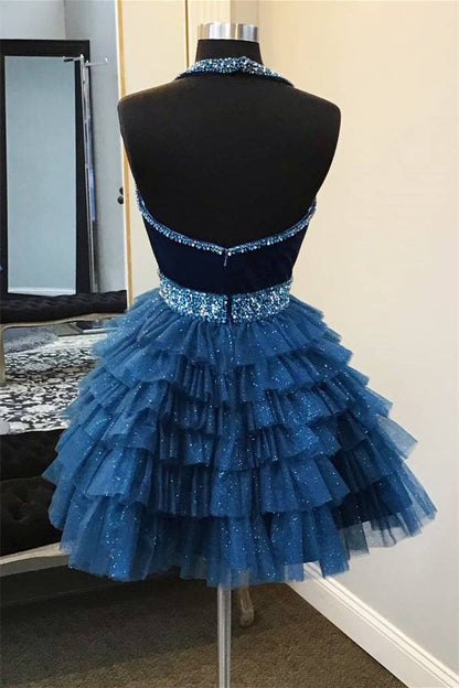 Halter Teal Beaded Ruffled Homecoming Dress
