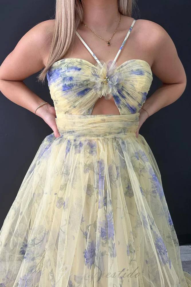 Pink Halter Floral Print A-Line Layered Prom Dress