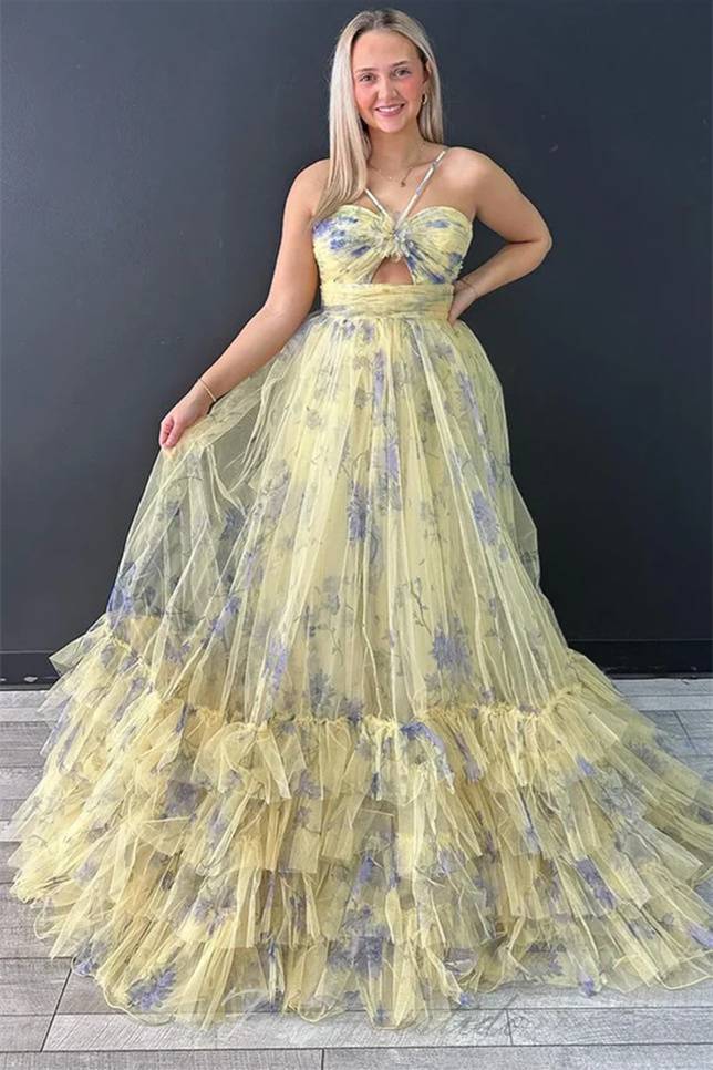 Pink Halter Floral Print A-Line Layered Prom Dress