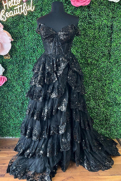 Off the Shoulder Light Pink Corset Tiered Long Prom Dress