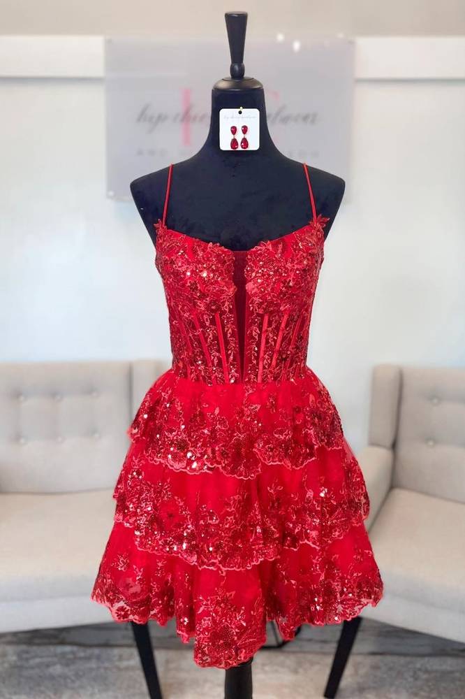 Applique A-Line Ruffle Homecoming Dress Spaghetti Straps