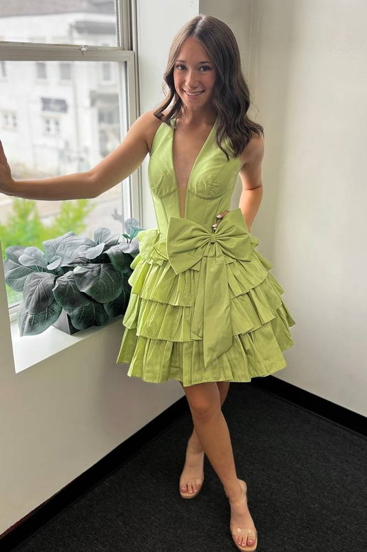Halter Green Ruffle Homecoming Dress Plunging Neck with Bow