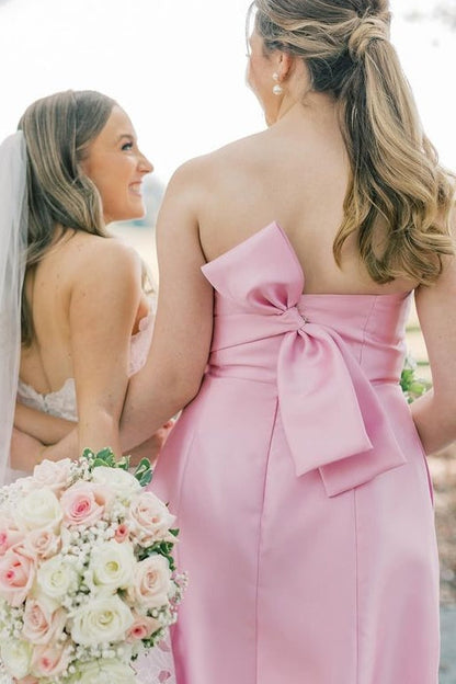 Strapless Pink A-Line Bridesmaid Dresses with Bow