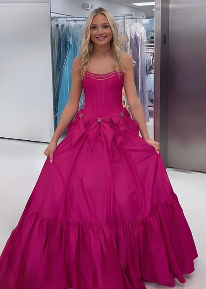 Black Strapless Beaded Ruffle Prom Dress with Bow